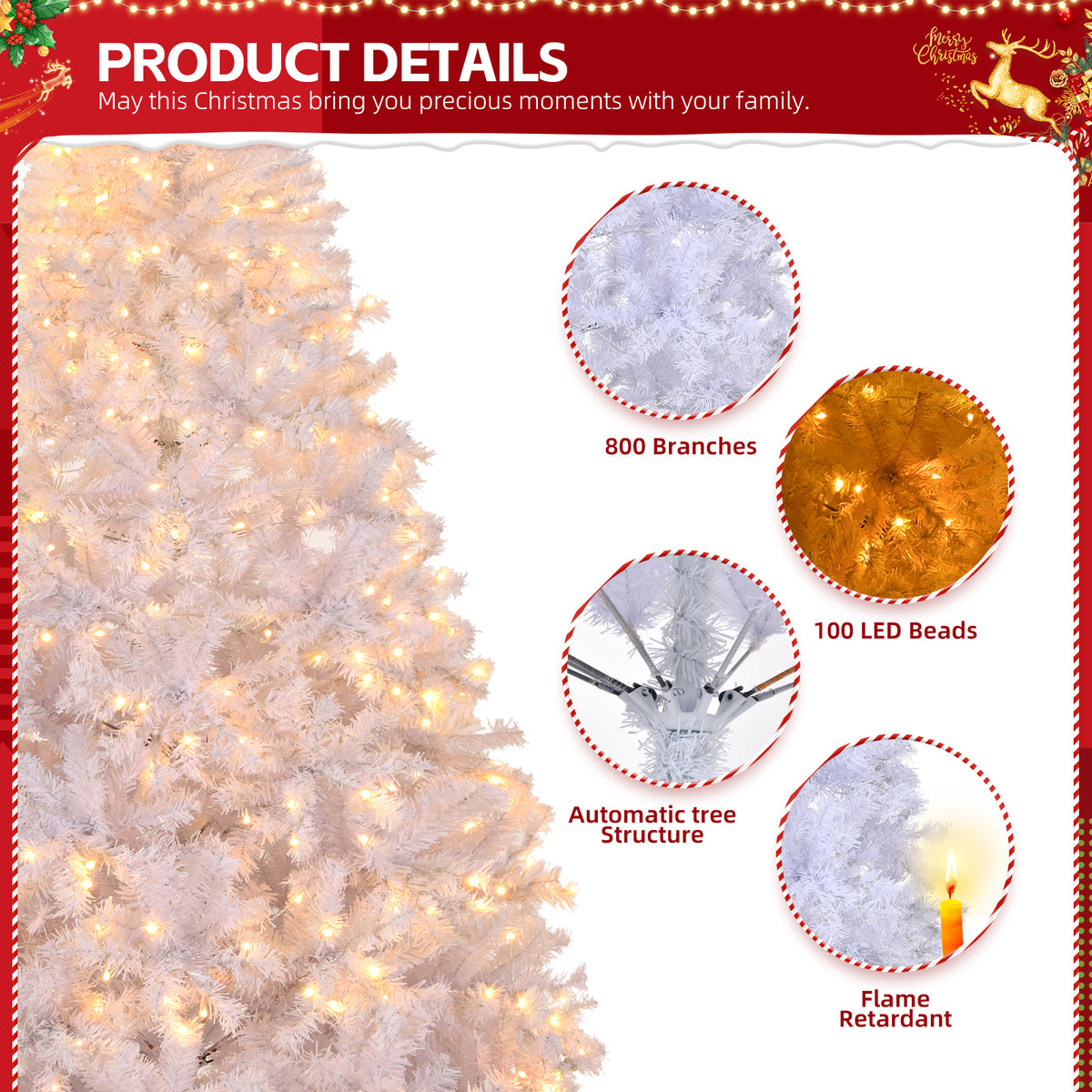 6ft Artificial Christmas Tree with 100 Warm LED Lights & 800 Branch Tips – Festive Home Decor, White