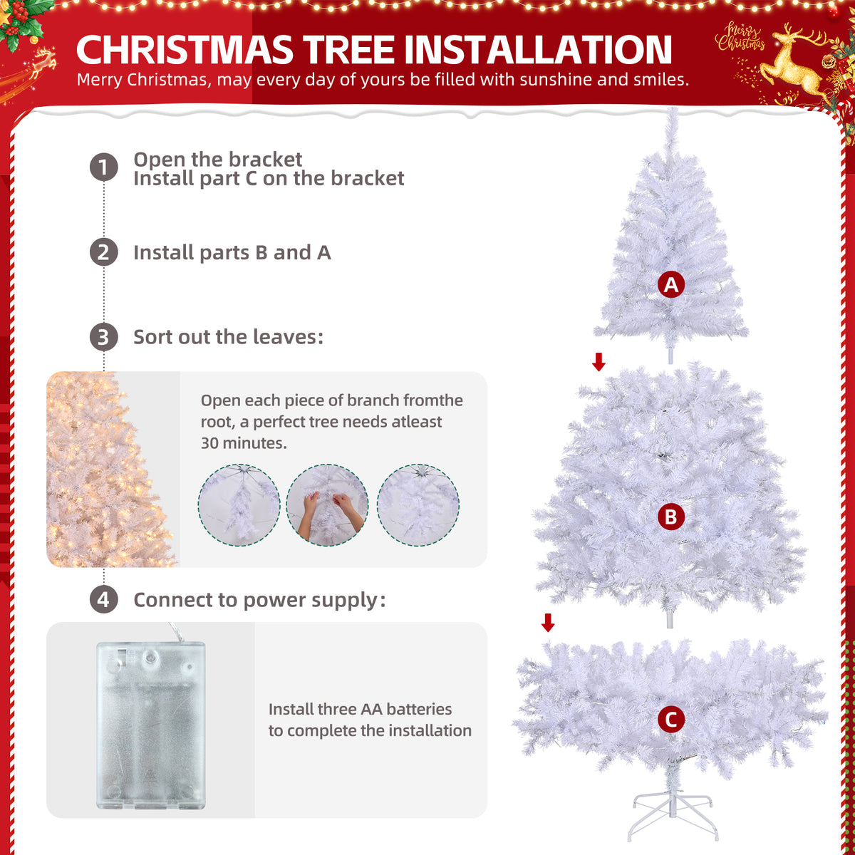 6ft Artificial Christmas Tree with 100 Warm LED Lights & 800 Branch Tips – Festive Home Decor, White