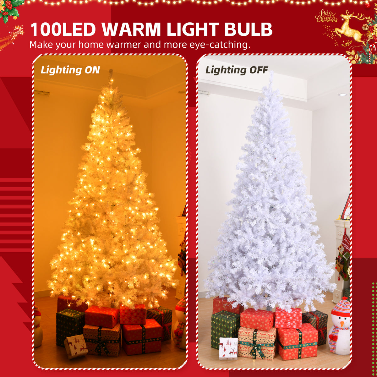 6ft Artificial Christmas Tree with 100 Warm LED Lights & 800 Branch Tips – Festive Home Decor, White