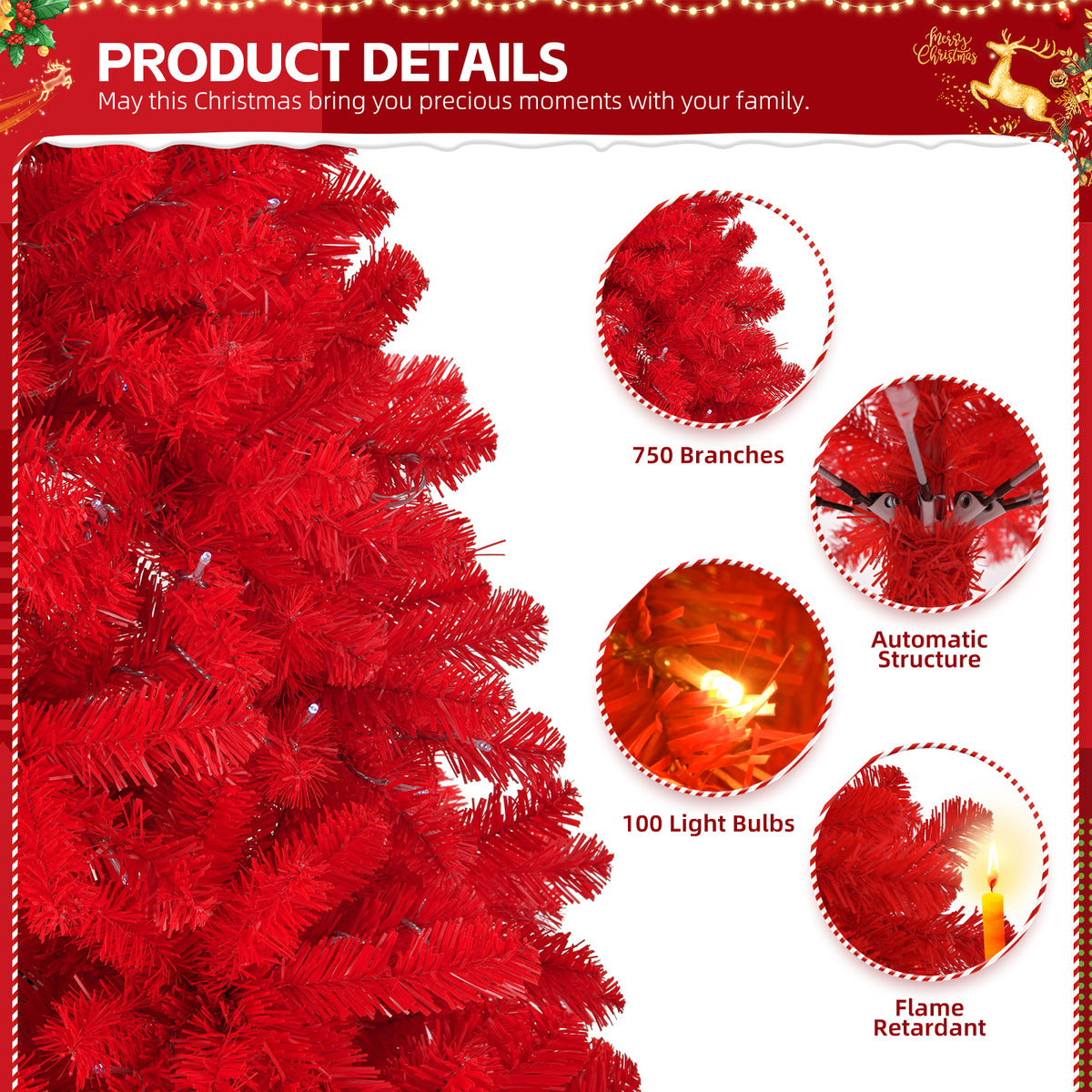 6ft Artificial Christmas Tree with 100 Warm LED Lights & 750 Branch Tips – Festive Home Decor, Red