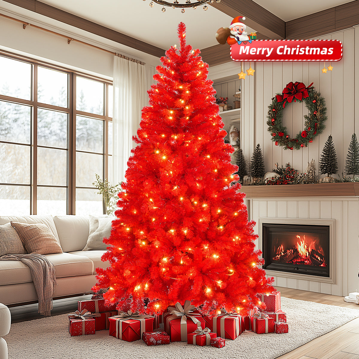 6ft Artificial Christmas Tree with 100 Warm LED Lights & 750 Branch Tips – Festive Home Decor, Red