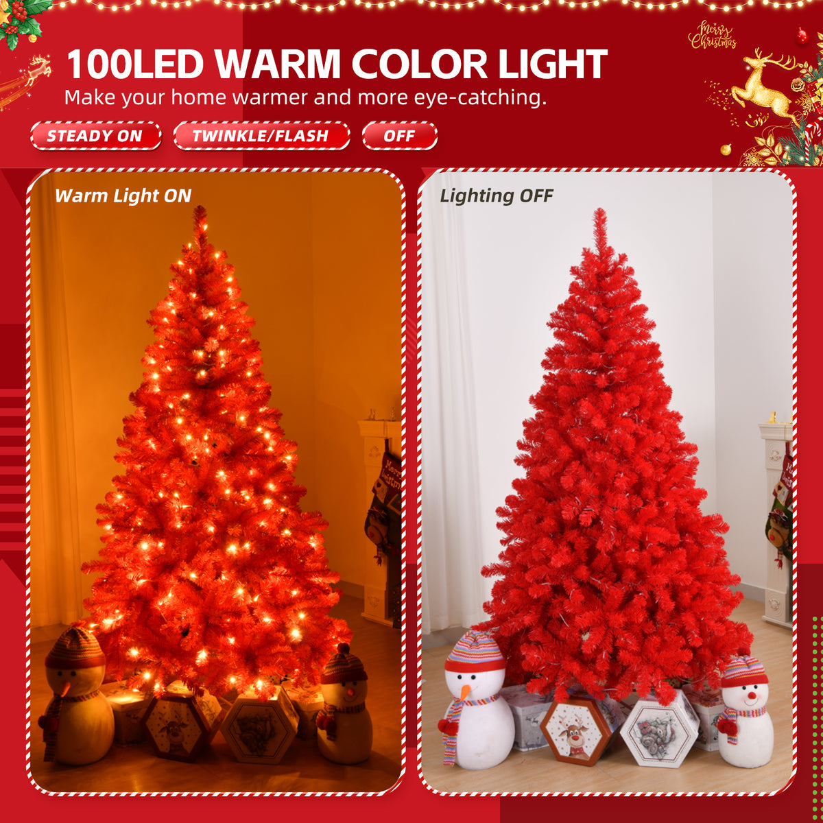 6ft Artificial Christmas Tree with 100 Warm LED Lights & 750 Branch Tips – Festive Home Decor, Red