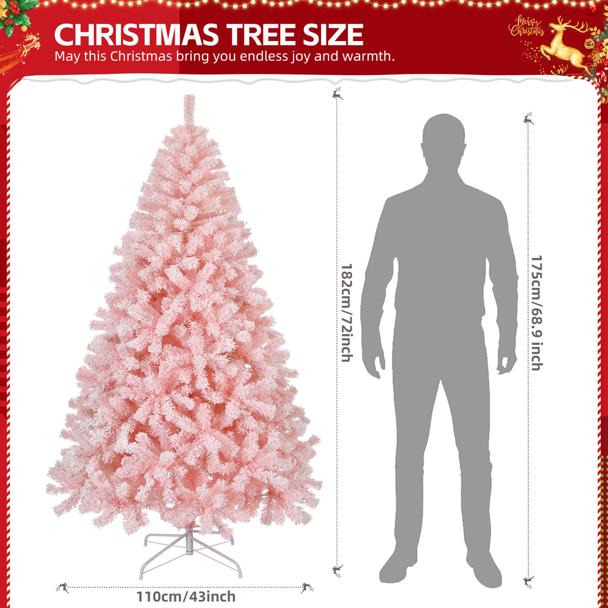 6 FT Artificial Christmas Tree with 100 Battery-Operated Warm White LED Lights, 750 Branch Tips & Metal Stand – Festive Decor, Pink