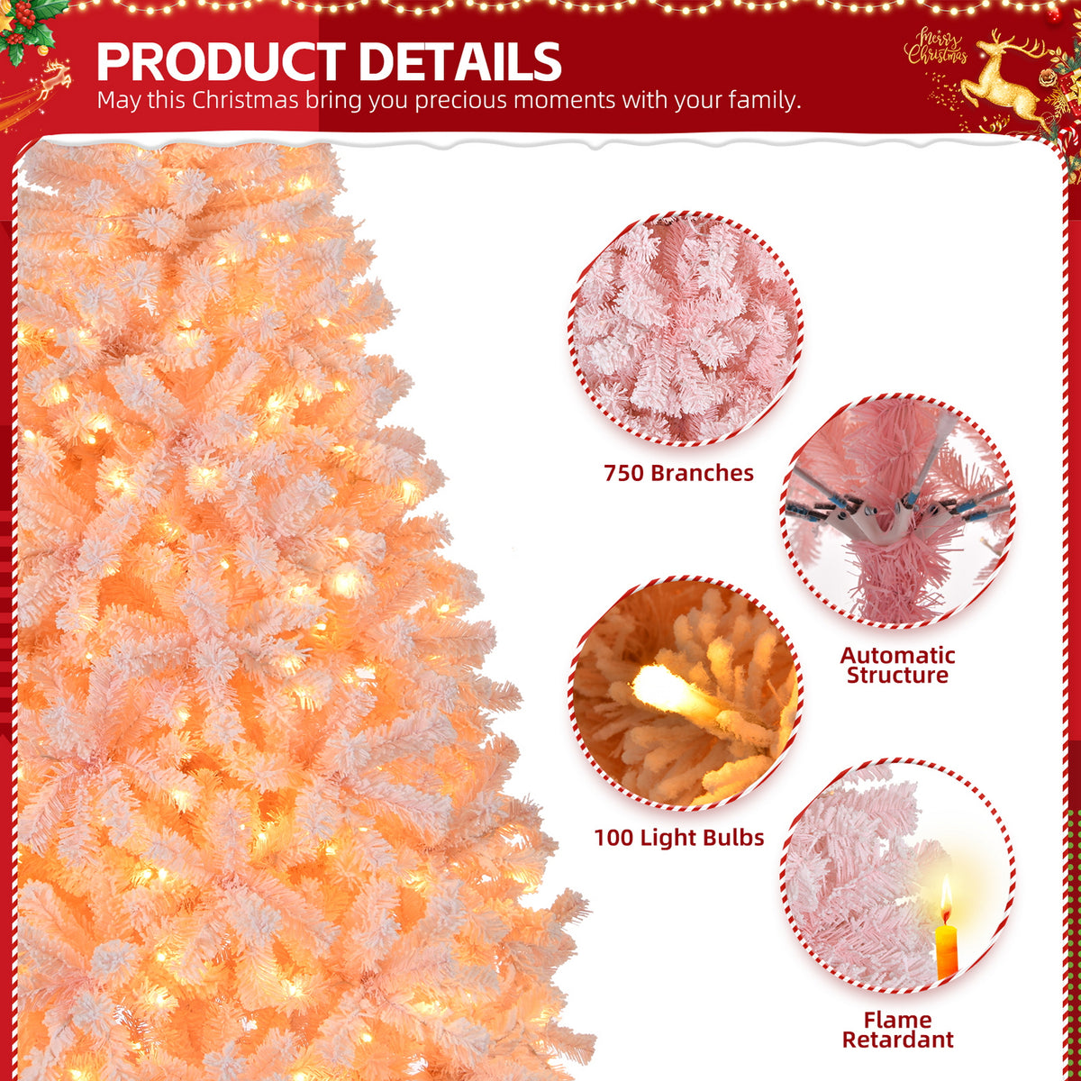 6 FT Artificial Christmas Tree with 100 Battery-Operated Warm White LED Lights, 750 Branch Tips & Metal Stand – Festive Decor, Pink
