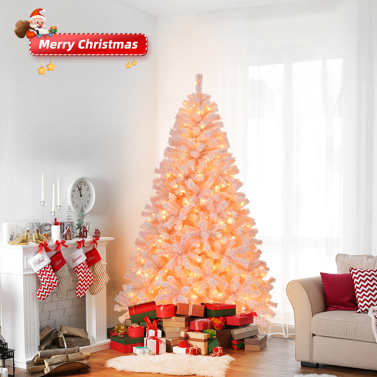 6 FT Artificial Christmas Tree with 100 Battery-Operated Warm White LED Lights, 750 Branch Tips & Metal Stand – Festive Decor, Pink