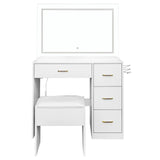 White Dressing Table Set with 4 Drawers, LED Touch Mirror, Sliding Storage Cabinets, Stool & Power Strip