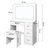 White Dressing Table Set with 4 Drawers, LED Touch Mirror, Sliding Storage Cabinets, Stool & Power Strip