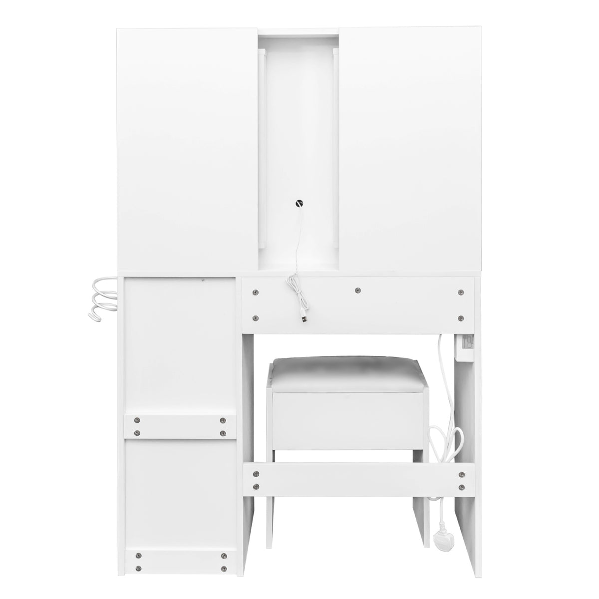 White Dressing Table Set with 4 Drawers, LED Touch Mirror, Sliding Storage Cabinets, Stool & Power Strip