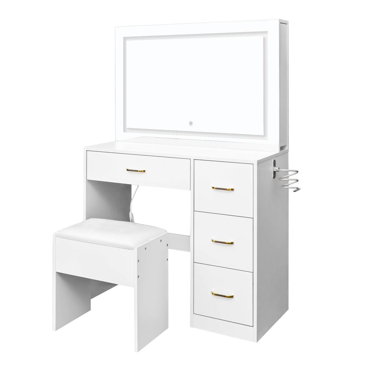 White Dressing Table Set with 4 Drawers, LED Touch Mirror, Sliding Storage Cabinets, Stool & Power Strip