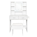 White Dressing Table Set with LED Touch Mirror, Power Strip, Glass Top & Stool – Bedroom Vanity Station