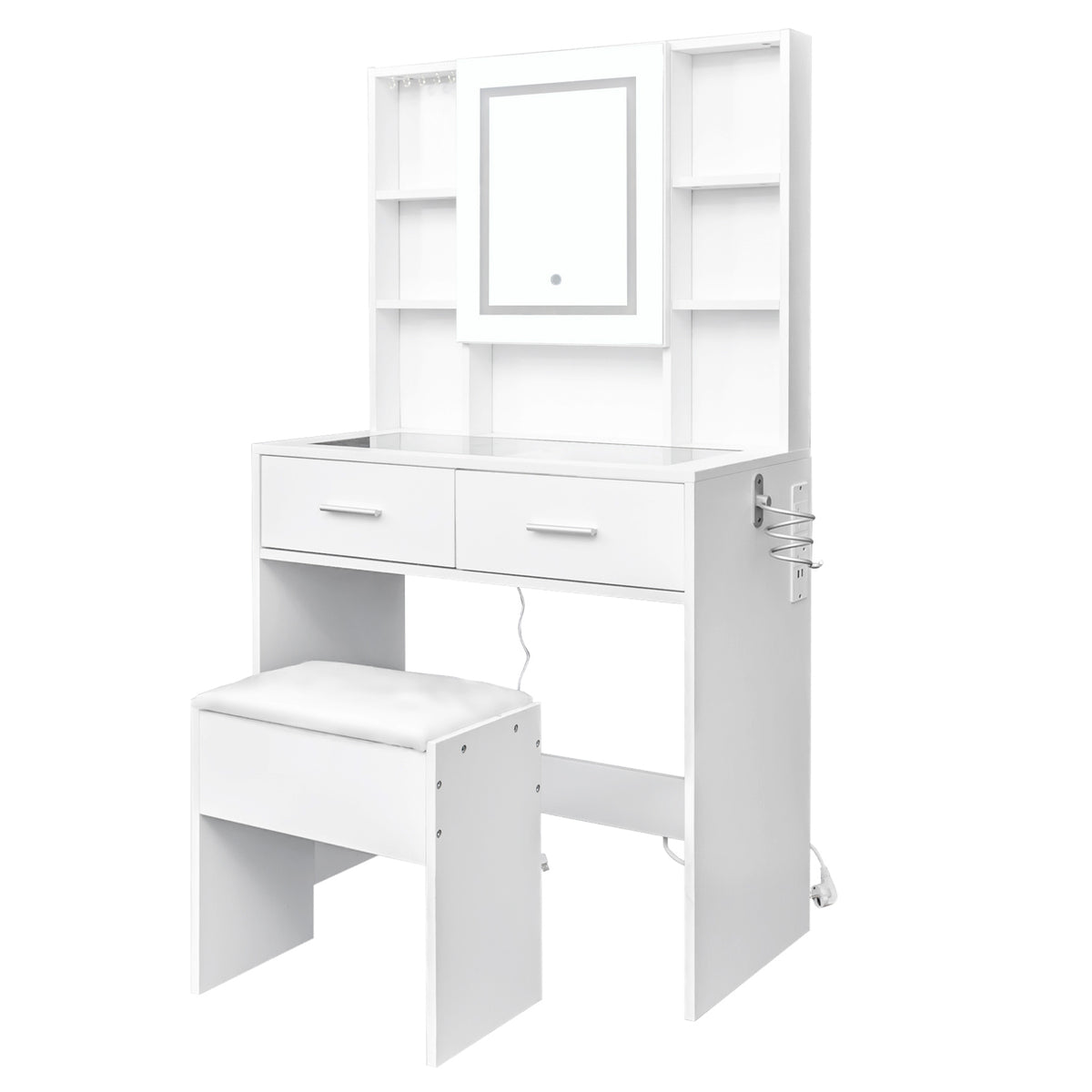 White Dressing Table Set with LED Touch Mirror, Power Strip, Glass Top & Stool – Bedroom Vanity Station