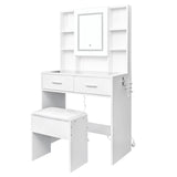 White Dressing Table Set with LED Touch Mirror, Power Strip, Glass Top & Stool – Bedroom Vanity Station
