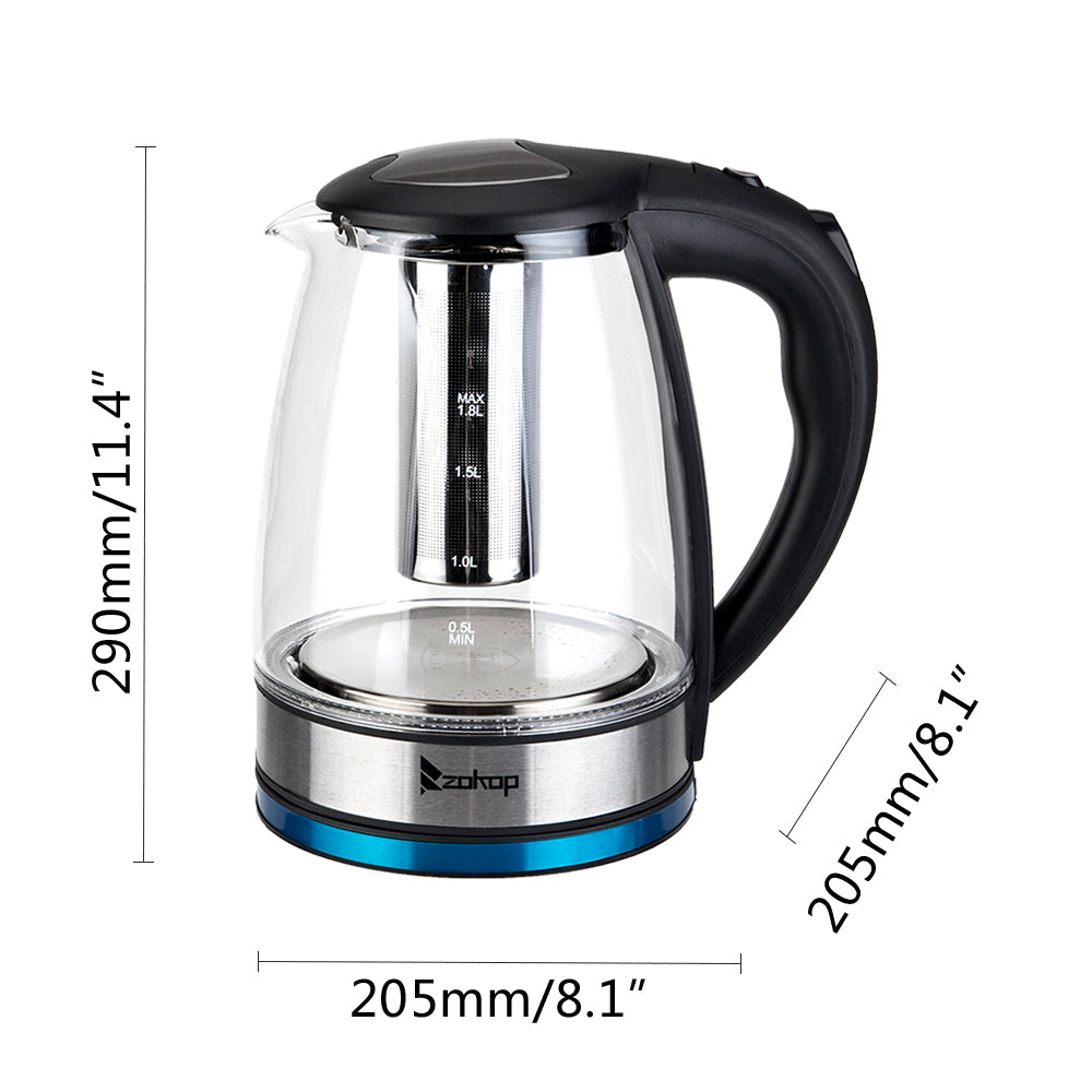 ZOKOP 1.8L Electric Glass Kettle, 2000W with 7-Colour LED Light & Auto Shut-Off – UK Plug