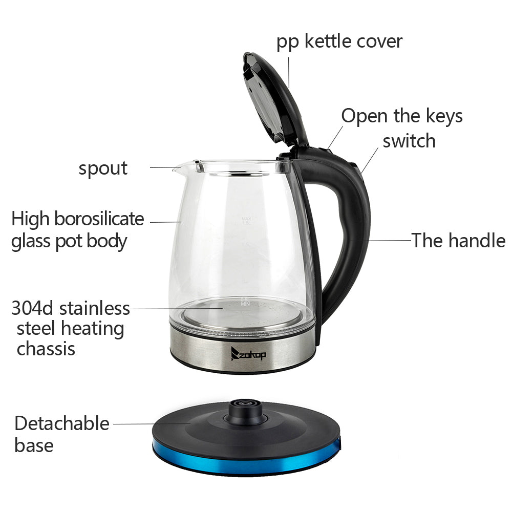 ZOKOP 1.8L Electric Glass Kettle, 2000W with 7-Colour LED Light & Auto Shut-Off – UK Plug