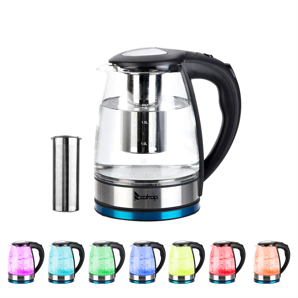 ZOKOP 1.8L Electric Glass Kettle, 2000W with 7-Colour LED Light & Auto Shut-Off – UK Plug