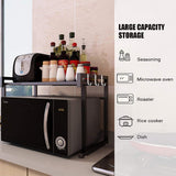 Extendable Microwave Oven Rack with 6 Hooks, 40–60cm – Black Carbon Steel Kitchen Storage Shelf