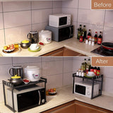 Extendable Microwave Oven Rack with 6 Hooks, 40–60cm – Black Carbon Steel Kitchen Storage Shelf