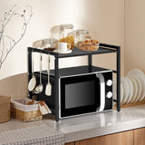 Extendable Microwave Oven Rack with 6 Hooks, 40–60cm – Black Carbon Steel Kitchen Storage Shelf
