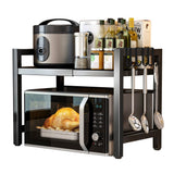 Extendable Microwave Oven Rack with 6 Hooks, 40–60cm – Black Carbon Steel Kitchen Storage Shelf