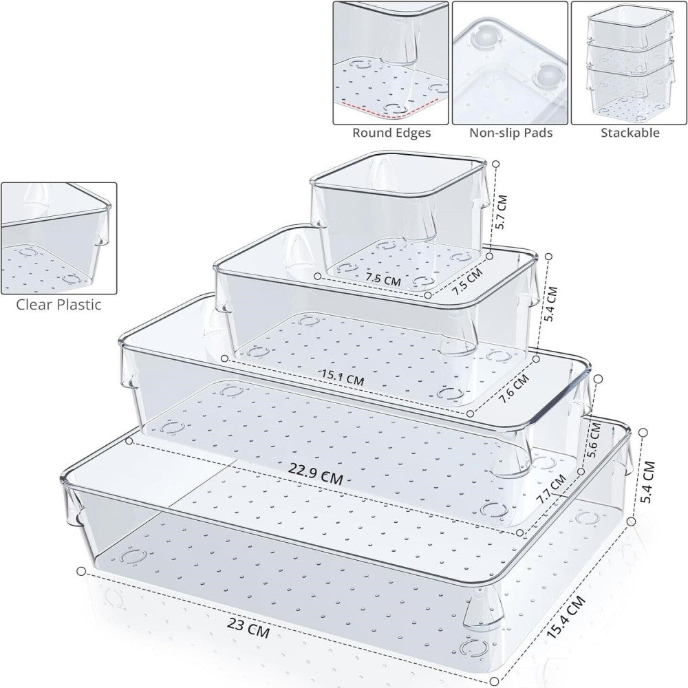 25-Piece Plastic Drawer Organiser Set in 5 Sizes – Desk, Kitchen, Fridge & Makeup Storage Dividers, Clear