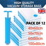 12-Pack Strong Vacuum Storage Bags with Manual Air Pump – Space-Saving Organiser for Bedding & Clothes