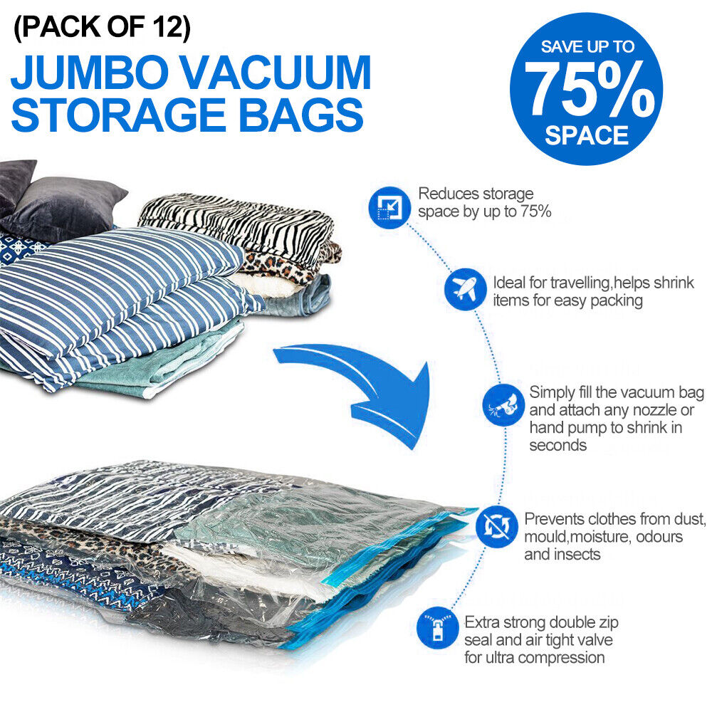12-Pack Strong Vacuum Storage Bags with Manual Air Pump – Space-Saving Organiser for Bedding & Clothes