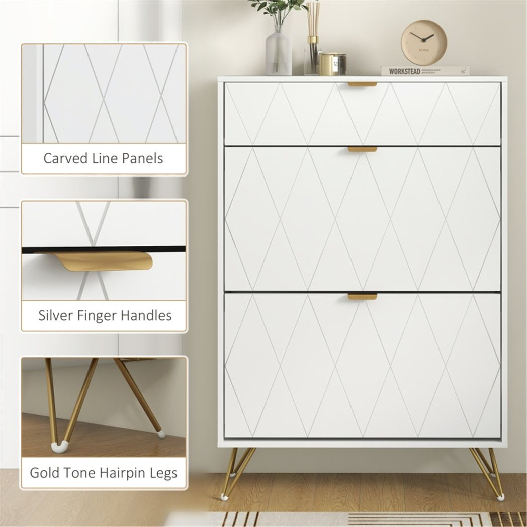Narrow Shoe Storage Cabinet with 2 Flip Drawers & Top Drawer – Slim Shoe Cupboard for 12 Pairs, White