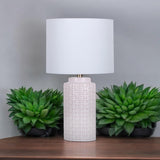 Cream Ceramic Striped Table Lamp with Handmade Drum Shade – Living Room & Bedroom Lighting