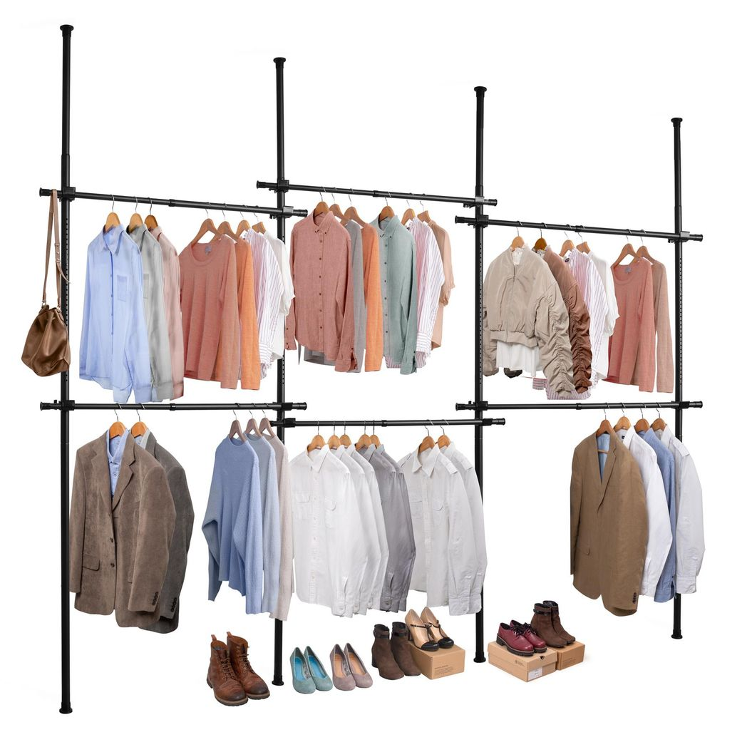 Triple Telescopic Clothes Rail with Shelving – Adjustable Wardrobe Organiser, Black