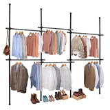 Triple Telescopic Clothes Rail with Shelving – Adjustable Wardrobe Organiser, Black