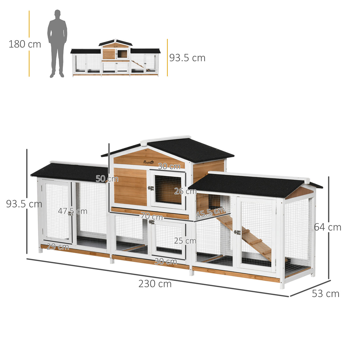 PawHut Two-Tier Wooden Rabbit Hutch with Two Runs, Slide-Out Trays & Ramp – Outdoor Guinea Pig Hutch
