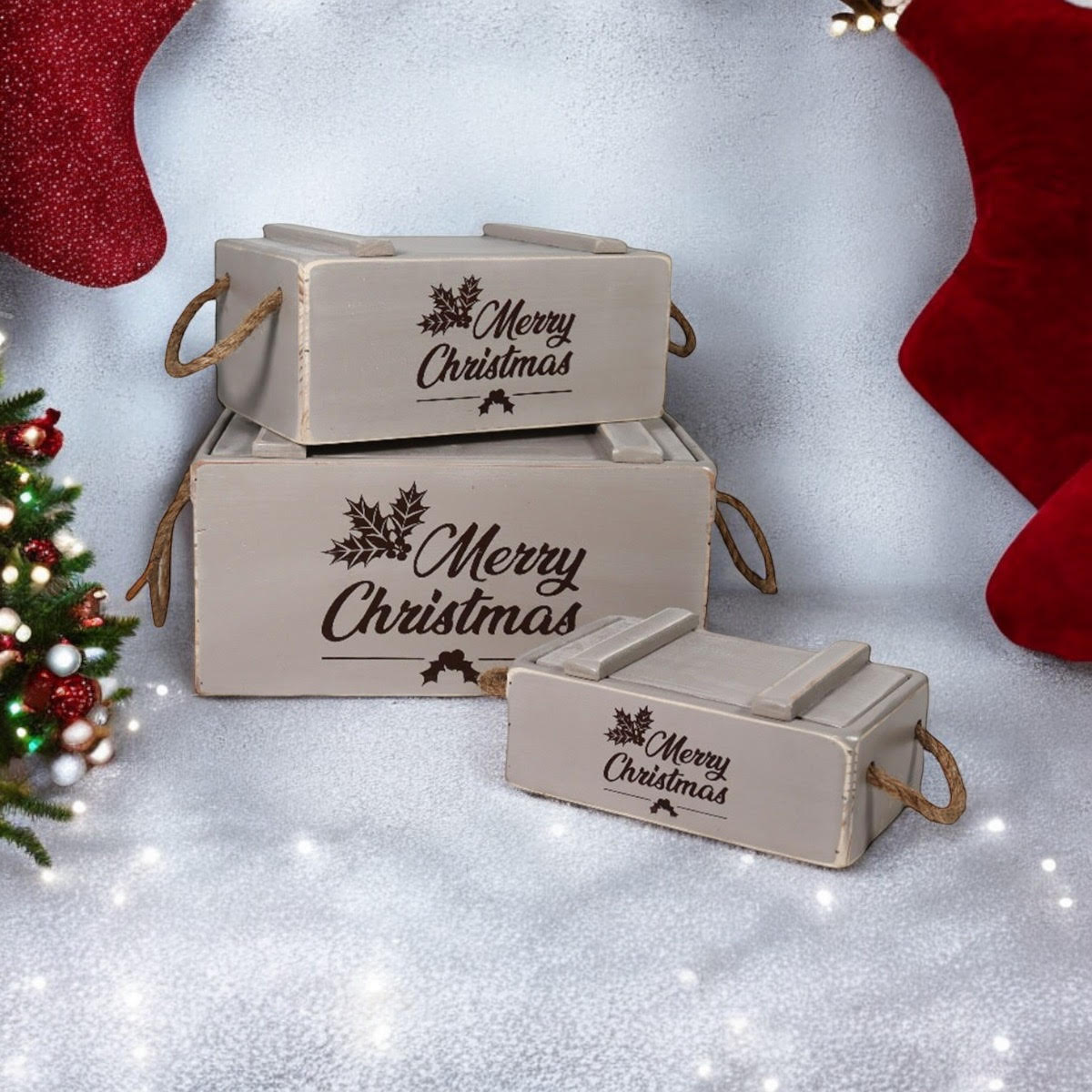 AcaciaHome Vintage Wooden Merry Christmas Storage Crate Set with Sturdy Handles – Festive Rustic Decor