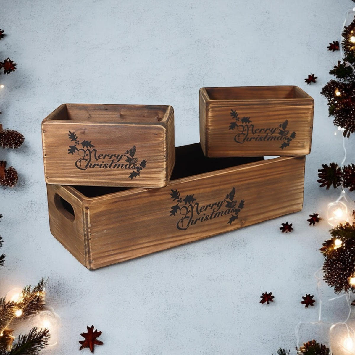 AcaciaHome Vintage Wooden Merry Christmas Storage Crate Set with Sturdy Handles – Festive Rustic Decor