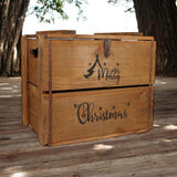 AcaciaHome Rustic Merry Xmas Wooden Storage Crate with Carry Handles – Christmas Eve Box, Vintage Brown