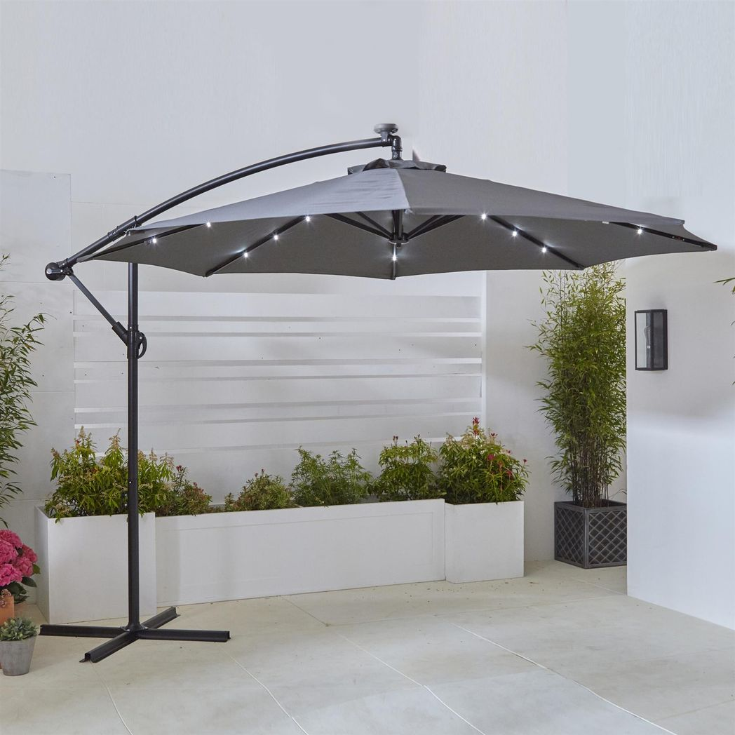Neo 3m Grey Cantilever Parasol with Solar LED Lights, Crank Handle and Cross Base – Garden Umbrella