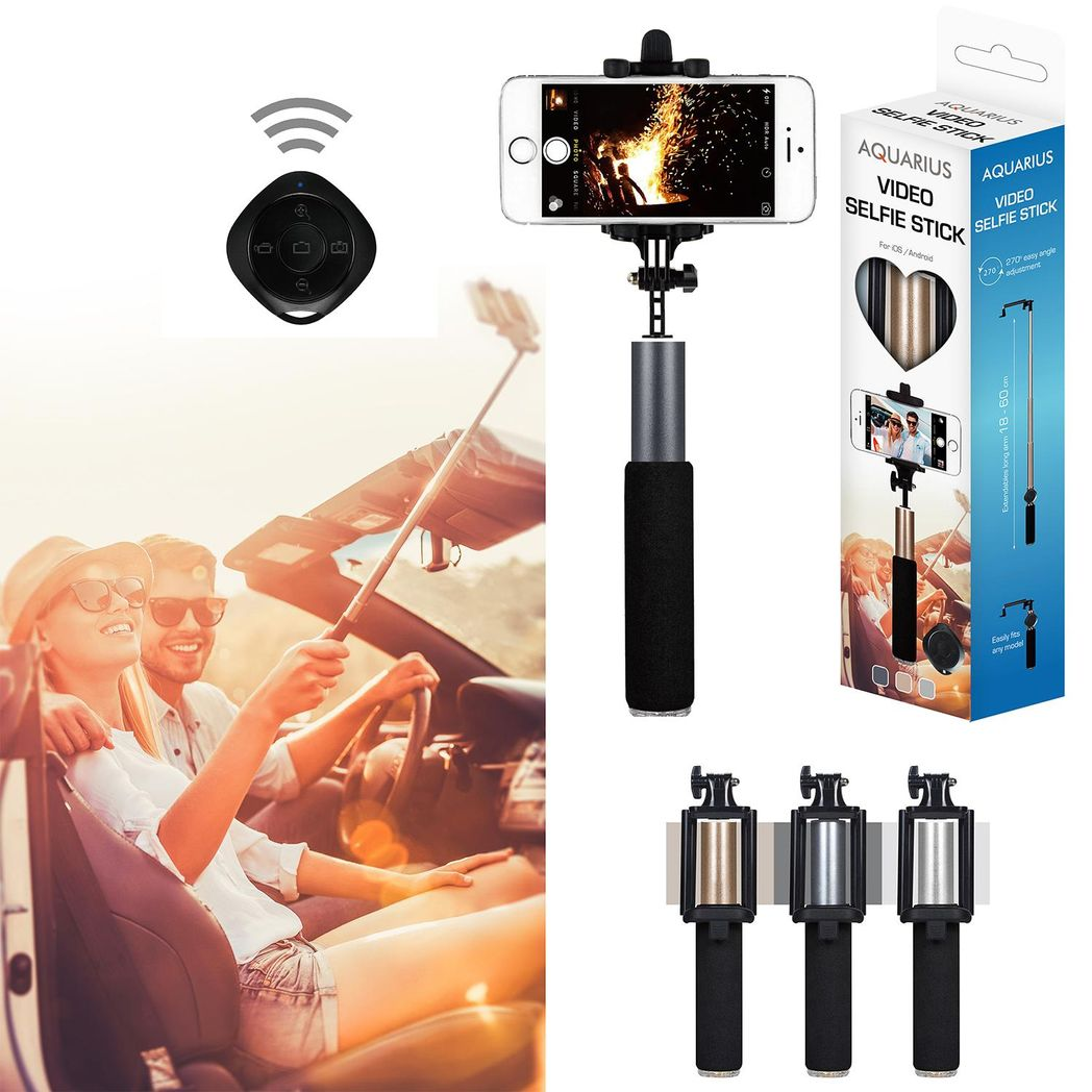 Aquarius Video Selfie Stick with Bluetooth Remote – Extendable 18–60cm Aluminium Monopod, Gold