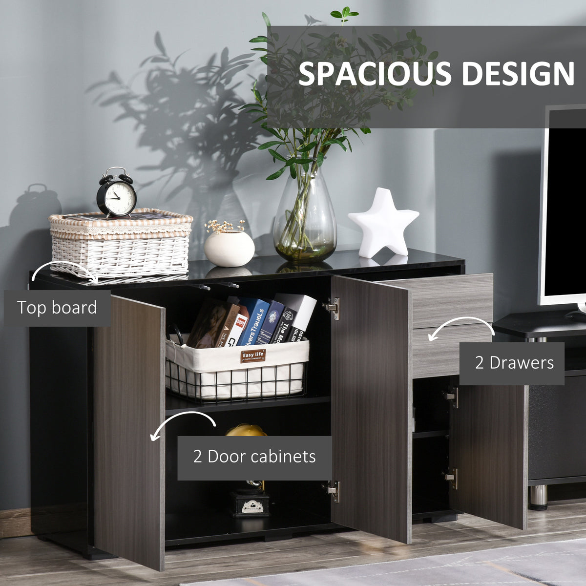 Gloss & Matte Side Cabinet with 2 Doors & 2 Drawers – Home Office Storage, Grey & Black