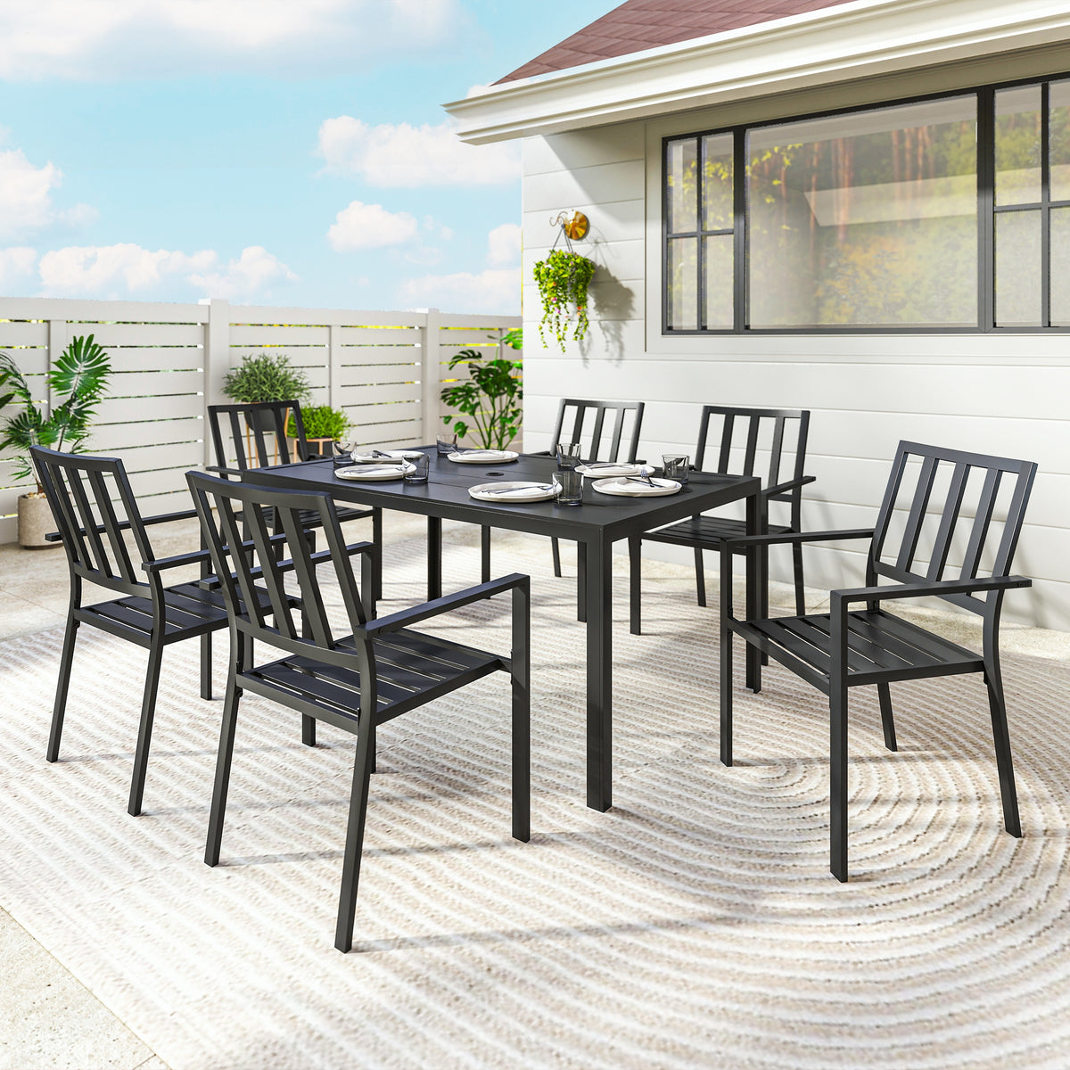 Outsunny 7-Piece Garden Dining Set with 6 Stackable Armchairs & Metal Table – Umbrella Hole, Black
