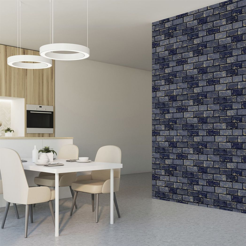 Arthouse Metallic Brick Wallpaper with Gold Highlights – Paste the Paper Feature Wall Covering, Navy and Gold