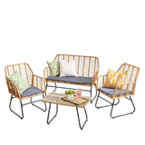 Neo Bamboo Style Rattan Garden Sofa Set with Glass Top Table and 2 Chairs, 4 Piece – Indoor & Outdoor, Grey