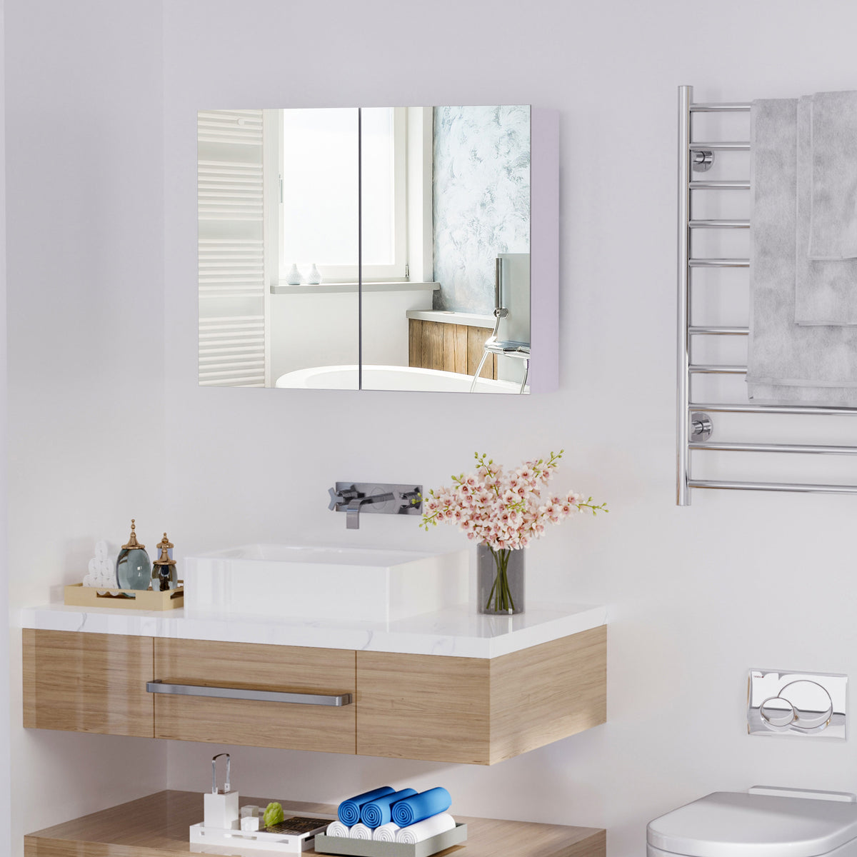 Wall-Mounted Bathroom Mirror Cabinet with Double Doors & Adjustable Shelf – Modern Dual-Purpose Storage Unit