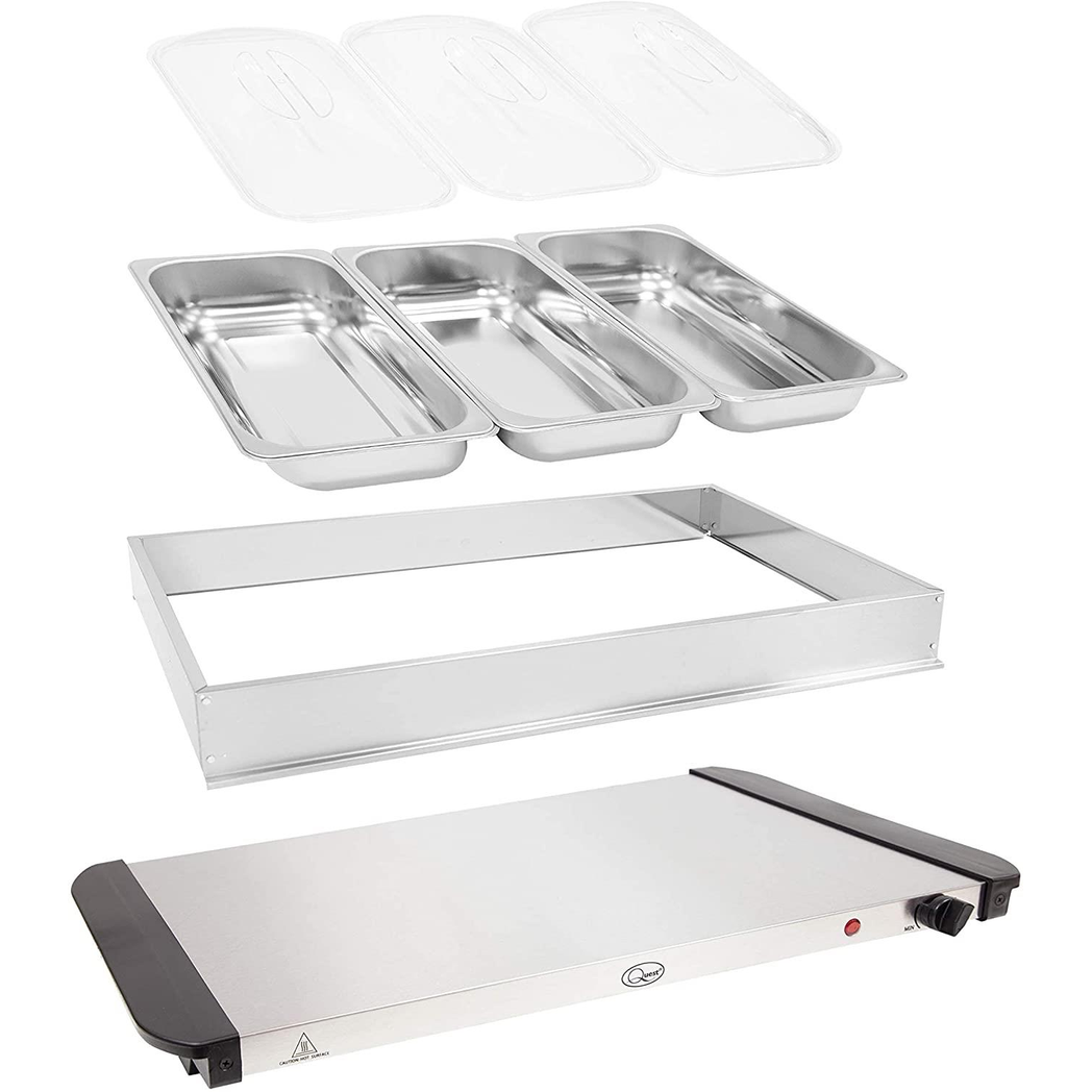 Quest Large 3-Section Buffet Server with Warming Plate – Pack of 2 Food Warmers for Parties and BBQs