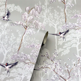 Arthouse Japanese Garden Wallpaper with Oriental Trees & Birds – Pearlescent Paste the Paper, Grey