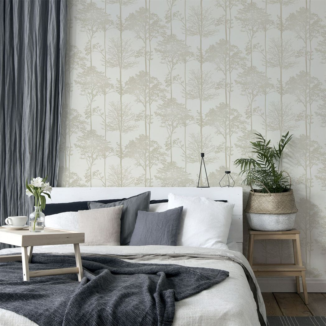 Arthouse Stardust Tree Glitter Vinyl Wallpaper – Gold Tree Silhouettes, Hardwearing Textured Design, Neutral