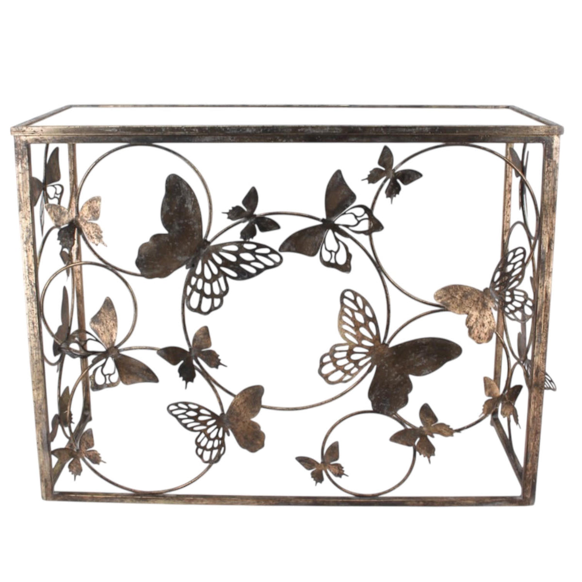 AcaciaHome Gold Butterfly Console Table with Glass Top – Art Deco Metal Sideboard for Living Room or Hallway