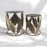AcaciaHome Art Deco Gold Leaf Nest of Tables – Elegant Round Metal Side Tables, Hand-Finished Floral Design
