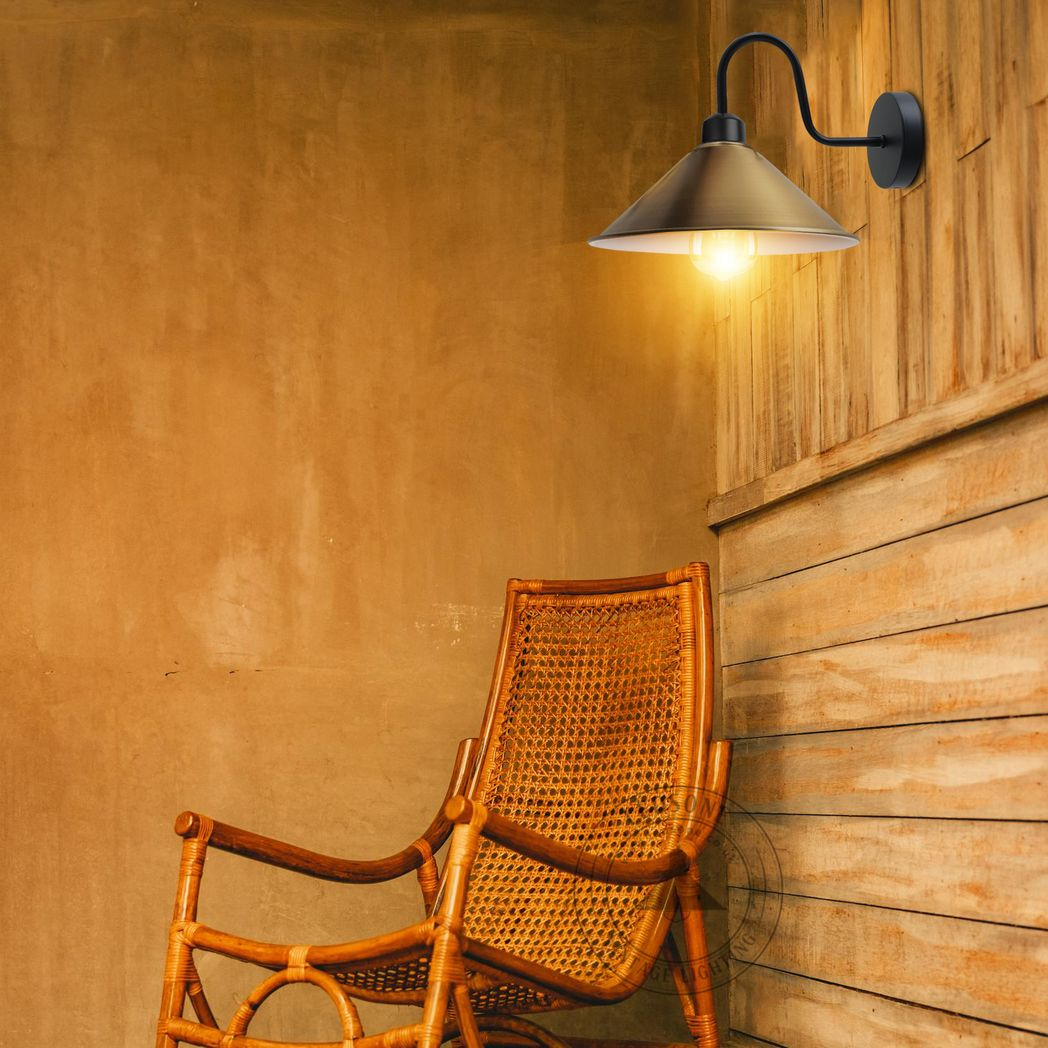 Vintage Swan Neck Wall Light, Cone Shade, E27 Socket – Dimmable Indoor Wall Sconce, Yellow Brass