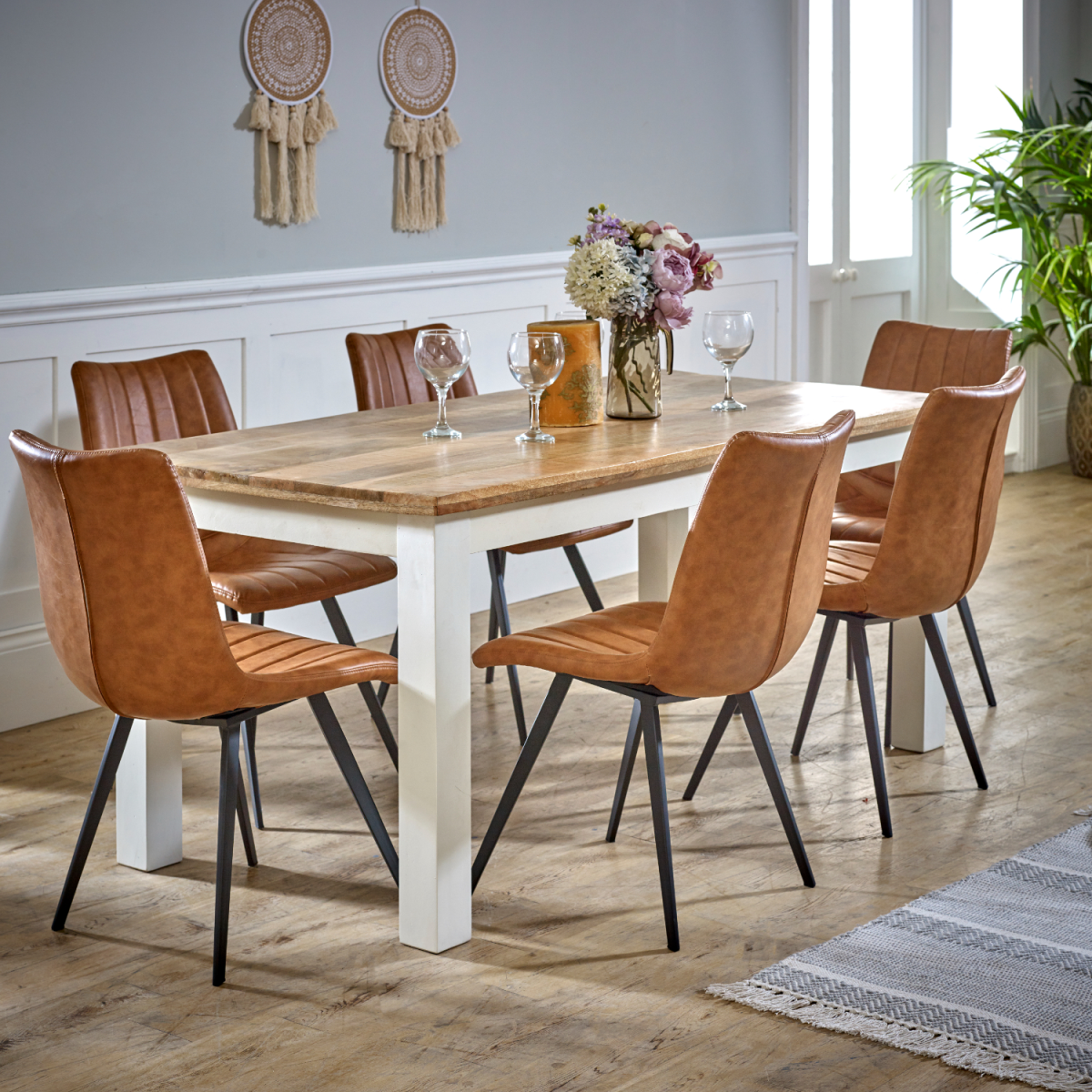 Alfie 170cm Solid Mango Wood Dining Table – Handmade Six-Seater, White & Natural Finish