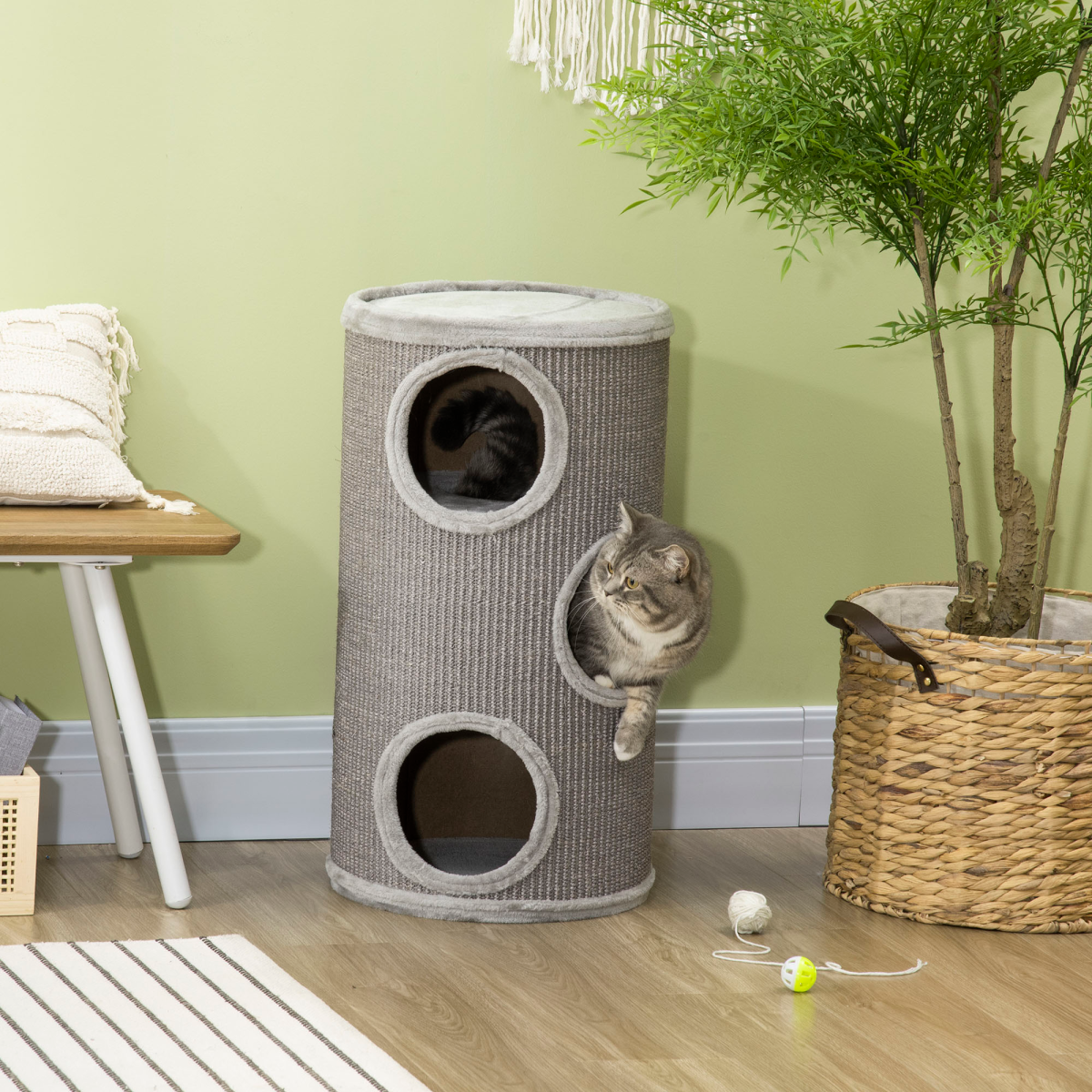 PawHut Cat Barrel Tree Tower for Indoor Cats and Kittens with Sisal Cover and Cosy Platform – Light Grey