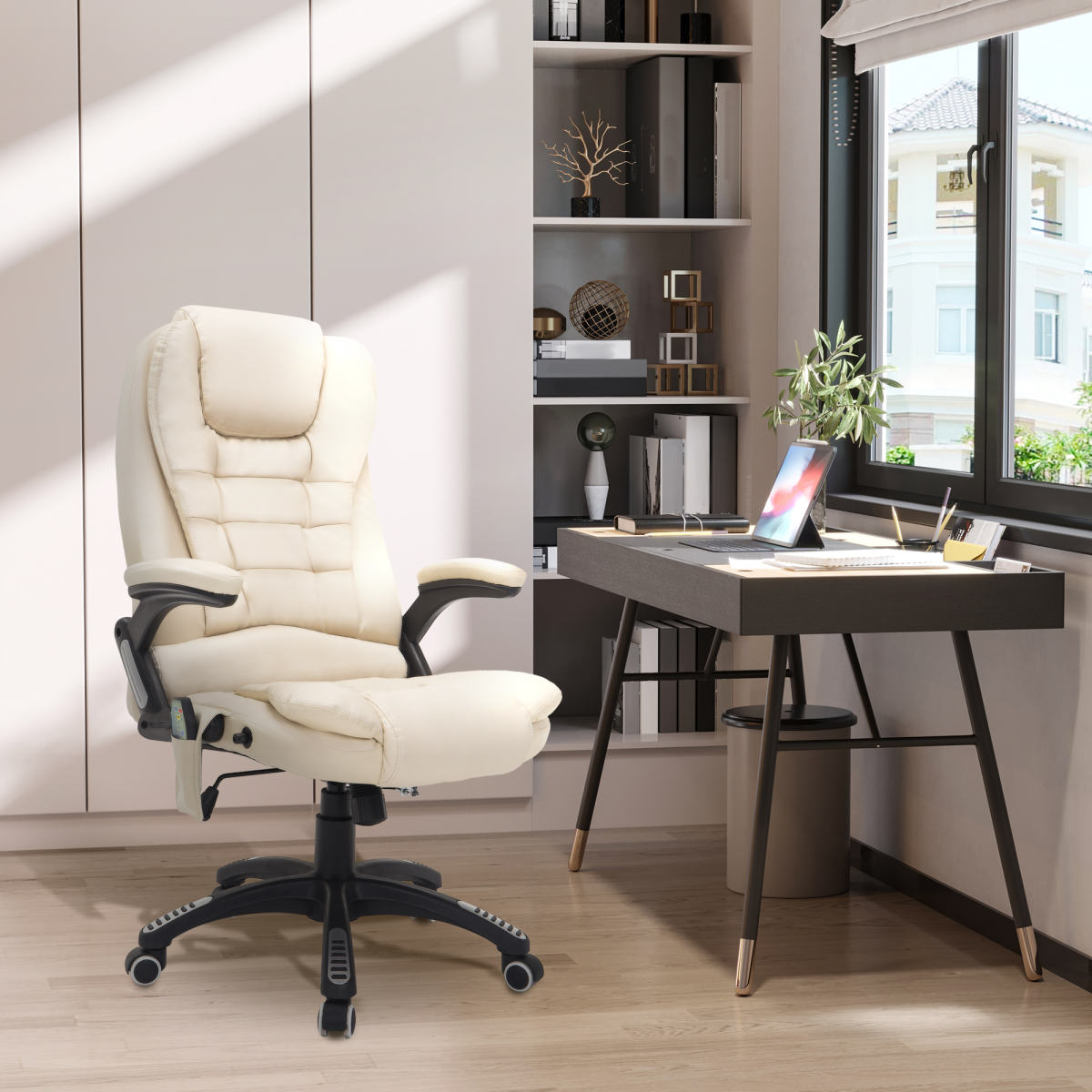 Executive Massage Office Chair with Heat, Reclining Backrest & Padded Seat – Beige PU Leather Home Office Chair